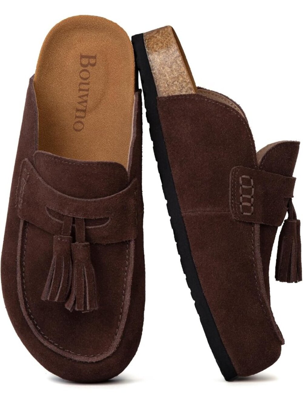 🆕Women's Brown Suede Clogs Leather Mules with Tassel Fringe Comfort Cork